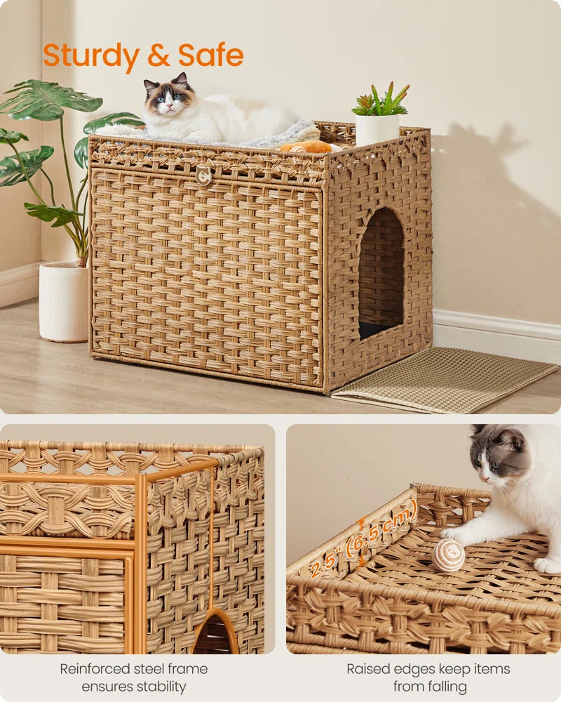 Boho Handwoven Rattan Hidden Litter Box Furniture | Washable Tray & Litter Mat Included