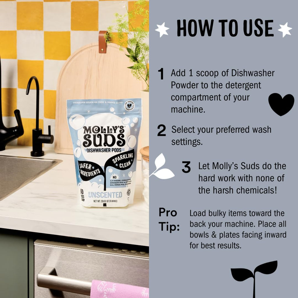 Molly's Suds Dishwasher Pods | Clean Dishwasher Detergent, Cuts Grease & Rinses Clean (Residue-Free) for Sparkling Dishes | 60 Auto-Release Tabs (Citrus)