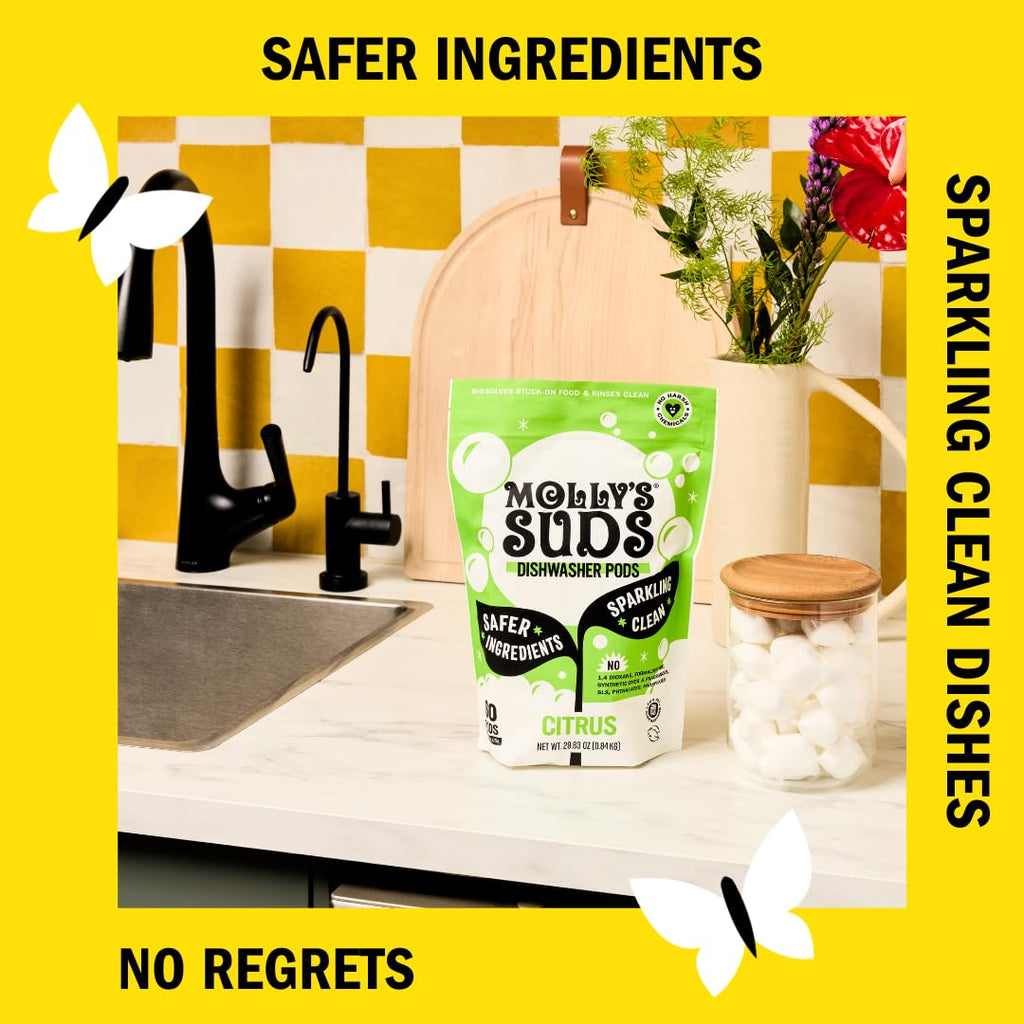 Molly's Suds Dishwasher Pods | Clean Dishwasher Detergent, Cuts Grease & Rinses Clean (Residue-Free) for Sparkling Dishes | 60 Auto-Release Tabs (Citrus)
