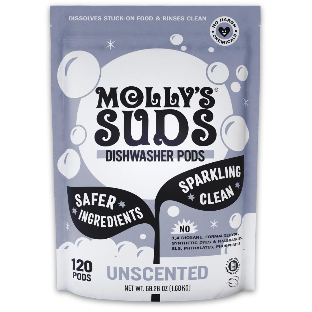 Molly's Suds Dishwasher Pods | Clean Dishwasher Detergent, Cuts Grease & Rinses Clean (Residue-Free) for Sparkling Dishes | 60 Auto-Release Tabs (Citrus)