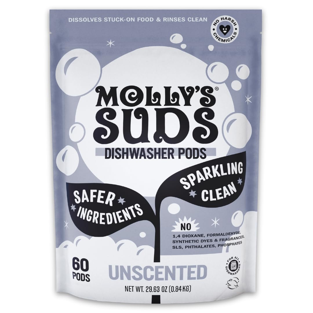 Molly's Suds Dishwasher Pods | Clean Dishwasher Detergent, Cuts Grease & Rinses Clean (Residue-Free) for Sparkling Dishes | 60 Auto-Release Tabs (Citrus)