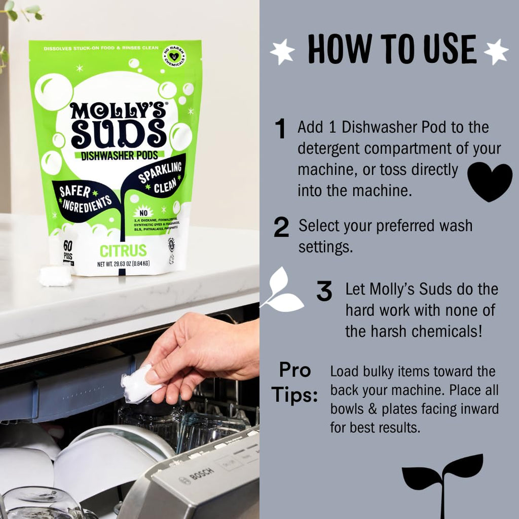 Molly's Suds Dishwasher Pods | Clean Dishwasher Detergent, Cuts Grease & Rinses Clean (Residue-Free) for Sparkling Dishes | 60 Auto-Release Tabs (Citrus)