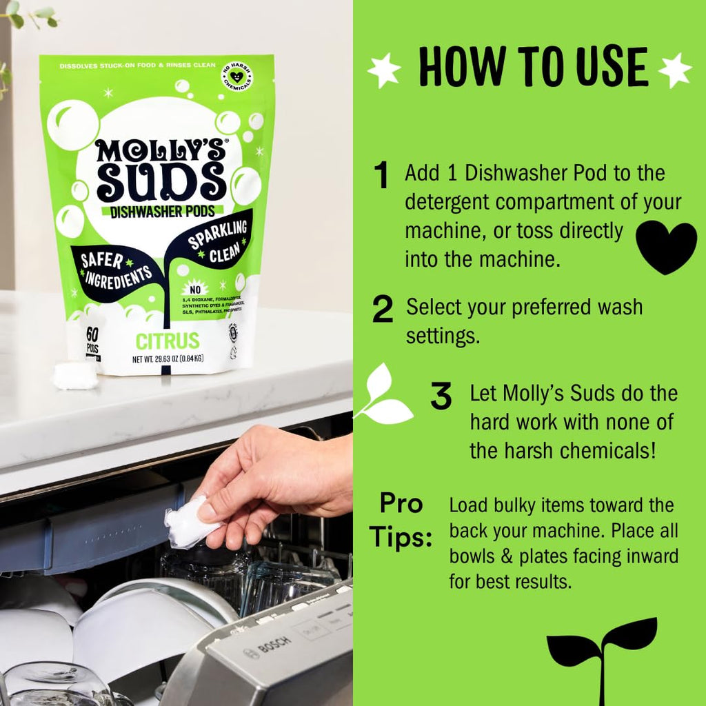 Molly's Suds Dishwasher Pods | Clean Dishwasher Detergent, Cuts Grease & Rinses Clean (Residue-Free) for Sparkling Dishes | 60 Auto-Release Tabs (Citrus)