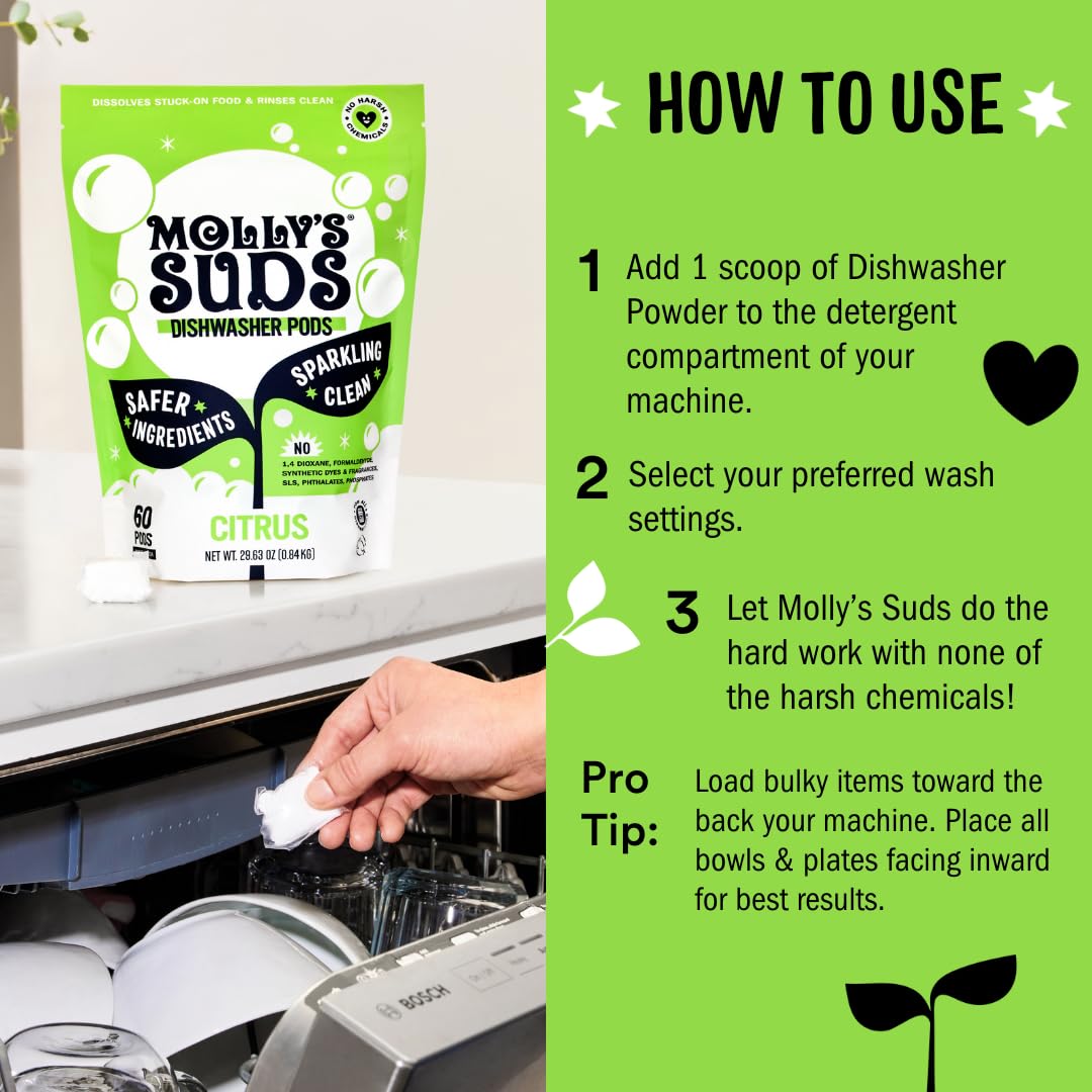 Molly's Suds Dishwasher Pods | Clean Dishwasher Detergent, Cuts Grease & Rinses Clean (Residue-Free) for Sparkling Dishes | 60 Auto-Release Tabs (Citrus)