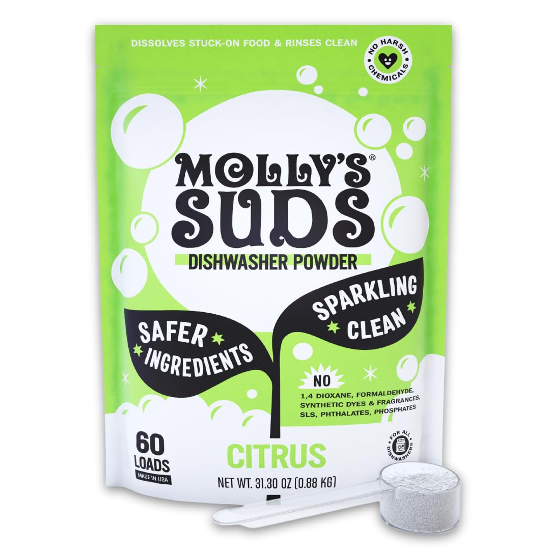 Molly's Suds Dishwasher Pods | Clean Dishwasher Detergent, Cuts Grease & Rinses Clean (Residue-Free) for Sparkling Dishes | 60 Auto-Release Tabs (Citrus)