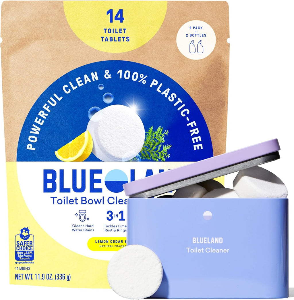 BLUELAND Toilet Bowl Cleaner Tablets, Starter Set, 14 Count with Tin, Lemon Cedar, Plastic-Free, No Harsh Chemicals, Plant-Based