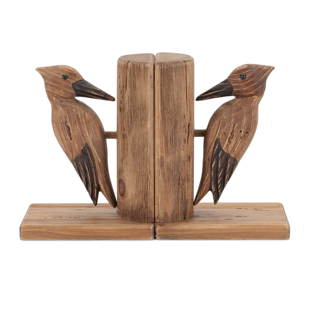 Set of 2 Rustic Pine Wood Woodpecker Bookends – Farmhouse Shelf Decor, Bird Bookends for Living Room & Home Office