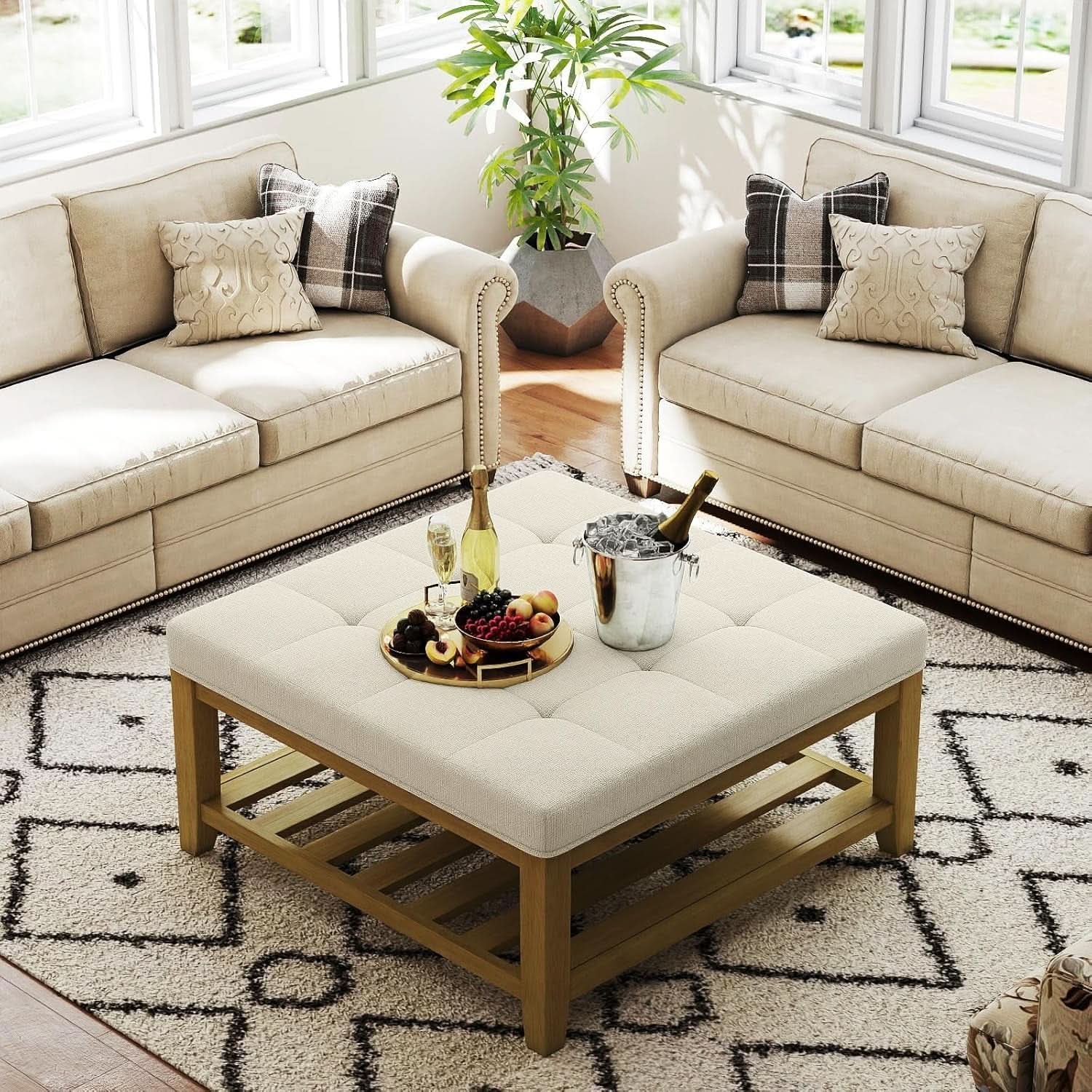 Oversized Ivory Upholstered Ottoman With Wooden Shelf