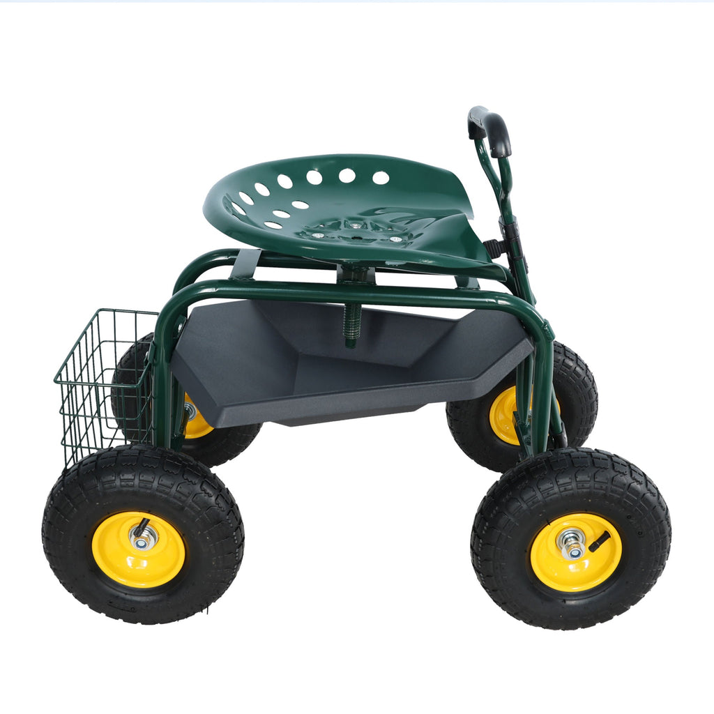 Garden trolley Rolling work chair with wheels, garden stool for planting, 360 degree swivel seat, station wagon scooter with steering handle and utility tray, for yard and outdoors, (green)