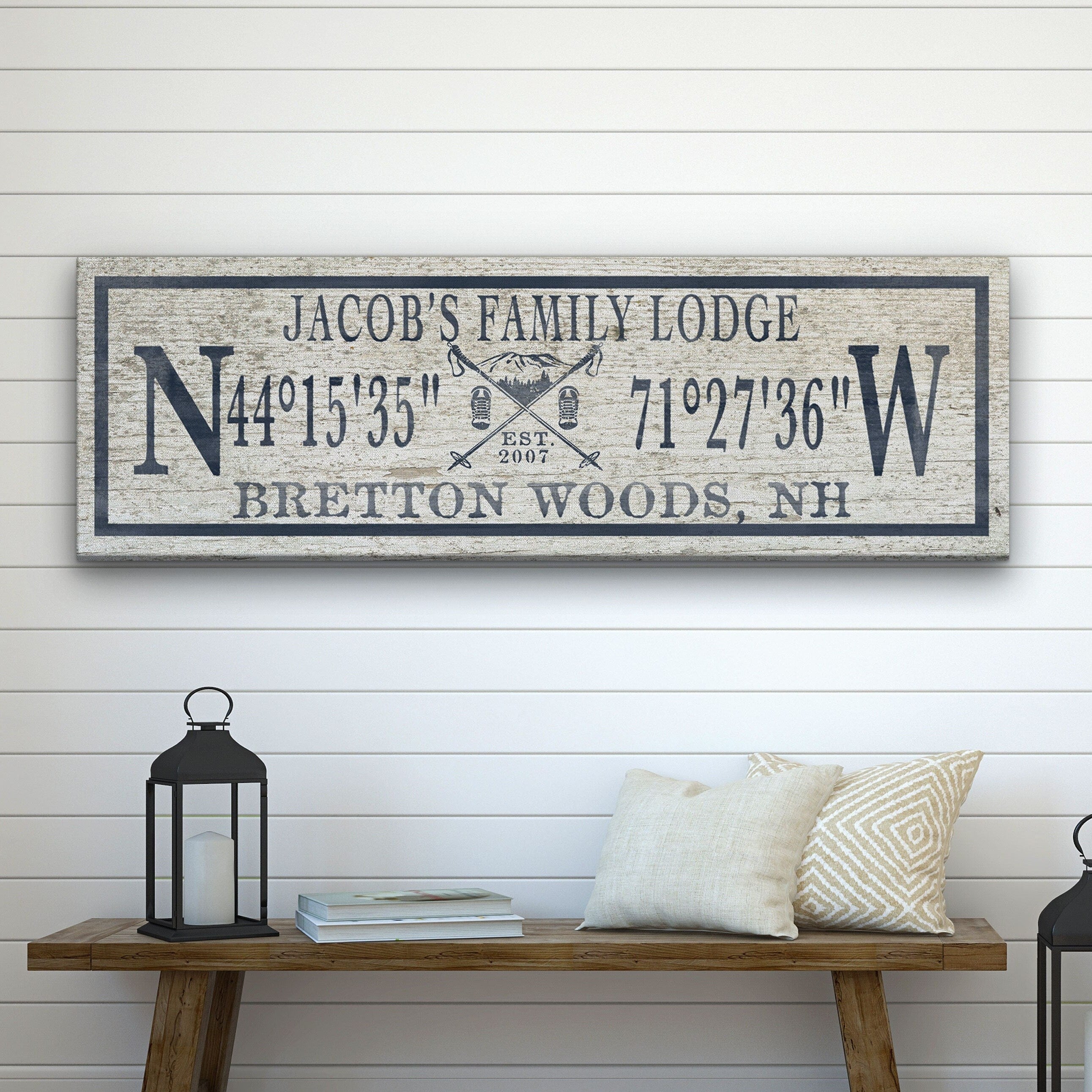 Personalized Coordinates Canvas Ski Lodge Sign - Family Name Cabin Decor